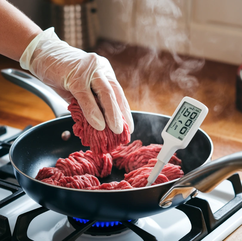 A cook using a food thermometer to ensure ground beef reaches 160°F on a stove