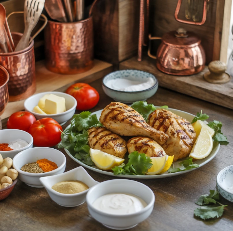 Grilled butter chicken with ingredients like tomatoes, spices, and cream arranged around it