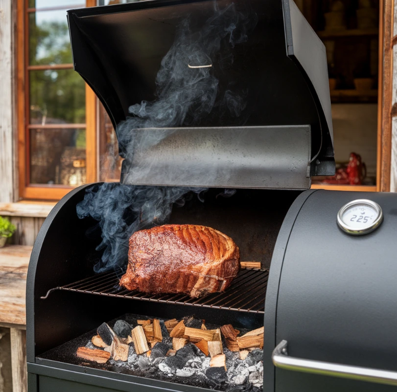 Chuck roast smoking on a grill with visible smoke and a temperature gauge.