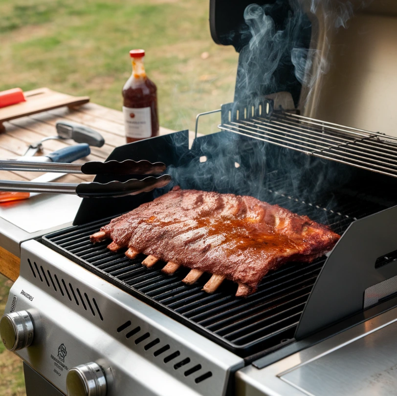 Beef back ribs grilling on low heat with smoke rising in an outdoor rustic setting.