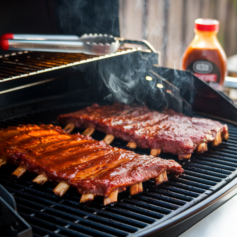 Baby back ribs cooking on a smoky grill with barbecue sauce glaze.