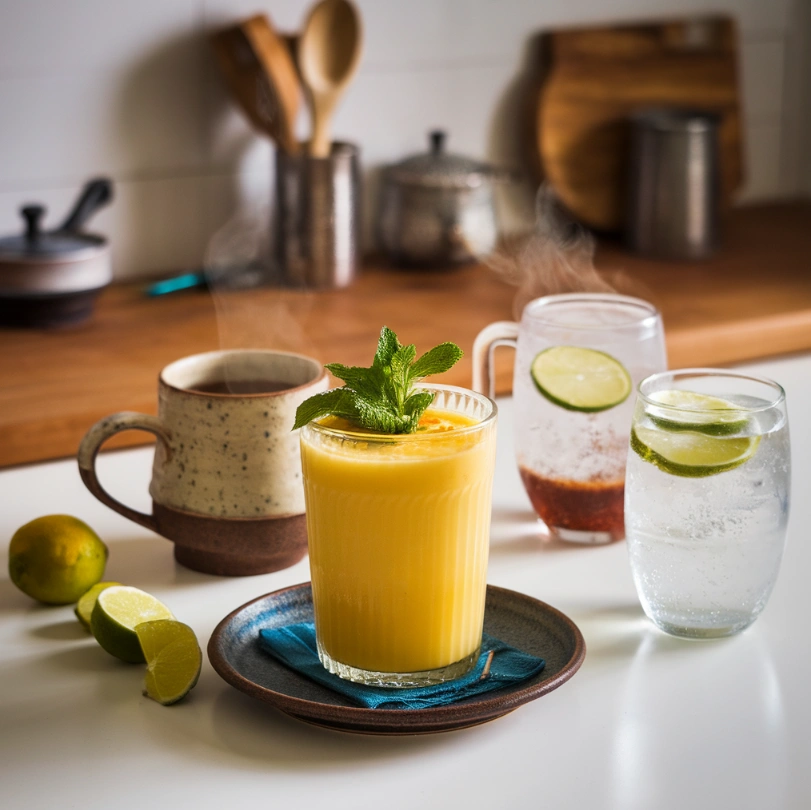 Mango lassi, masala chai, and sparkling water with lime on a wooden countertop.