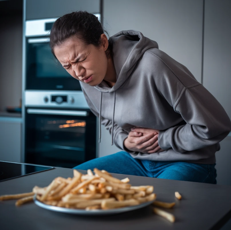 Person holding their stomach in discomfort next to a plate of hot fries in a modern kitchen