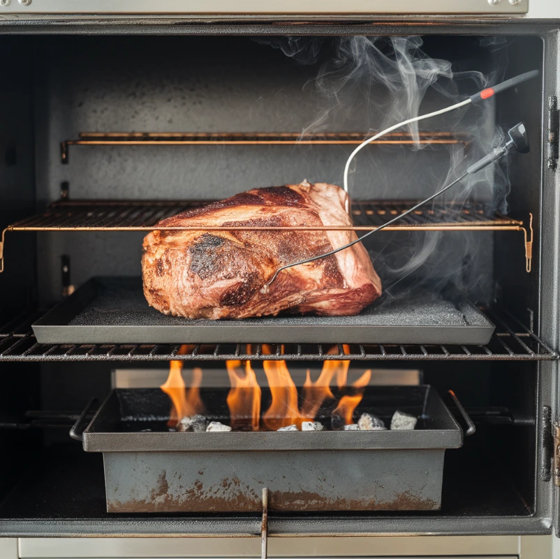 Chuck roast smoking inside a smoker with a thermometer probe and water pan.