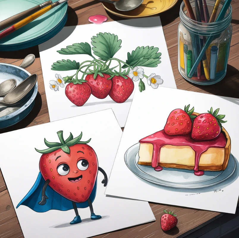 Creative strawberry drawing variations, including cartoon and botanical styles.