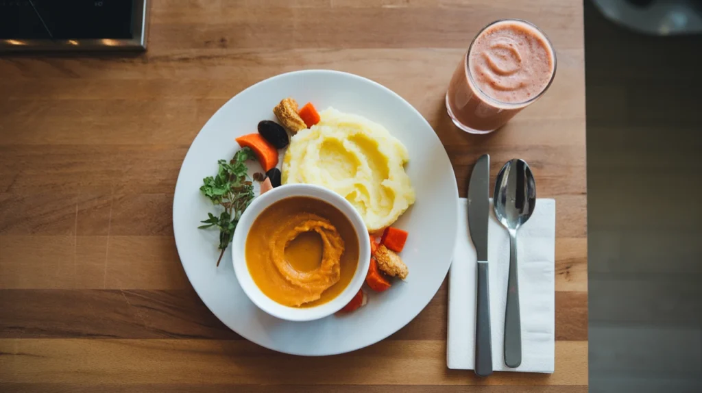 A plate of mashed potatoes, a bowl of pureed carrot soup, and a refreshing smoothie on a wooden countertop