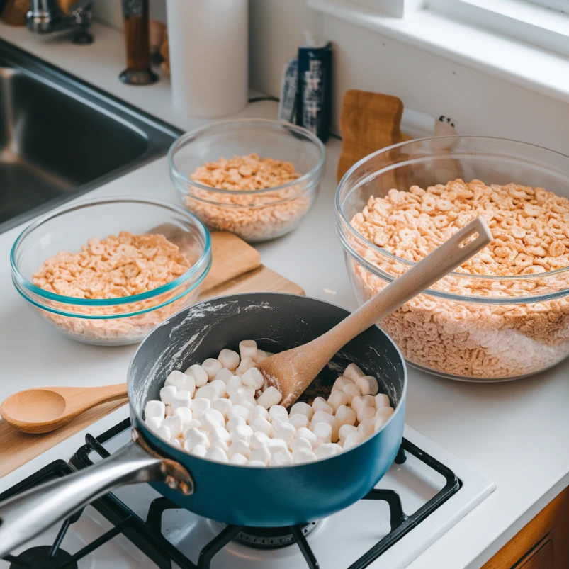 Melting marshmallows and butter in a saucepan on a stove, preparing Rice Krispies Treats.