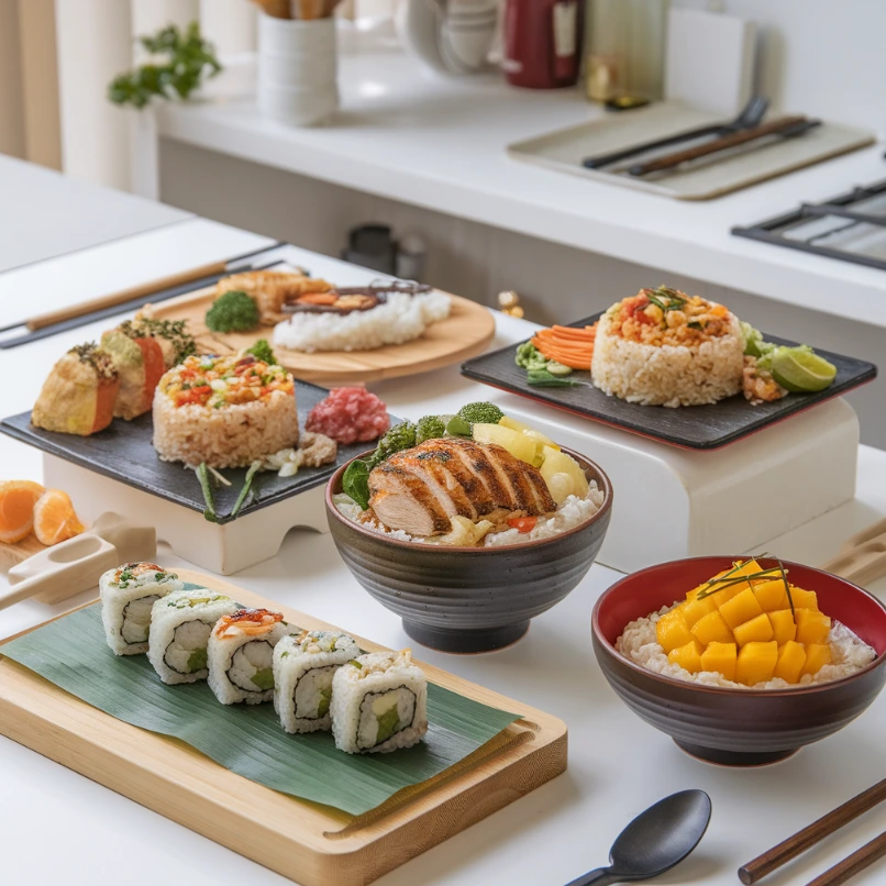 Creative rice dishes including rice bowls, fried rice, sushi, and mango sticky rice.