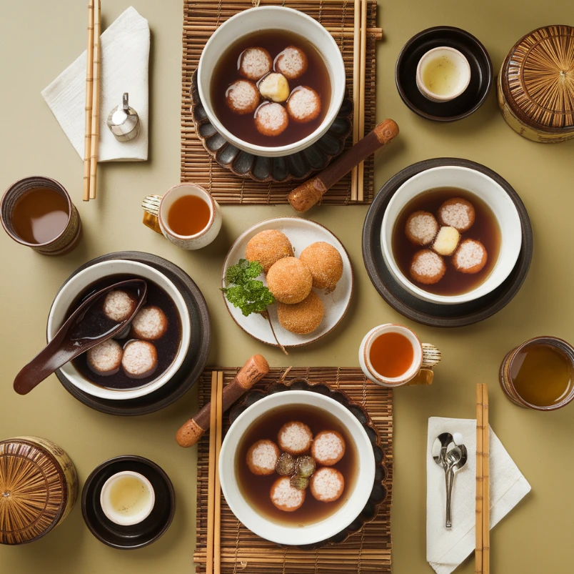 Various styles of red bean rice balls: in soup, deep-fried, and chilled.