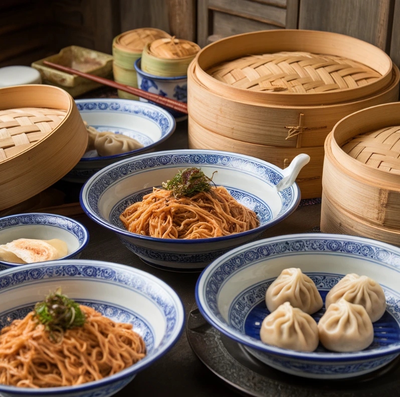 Northern Chinese dishes including noodles, steamed buns, and dumplings.