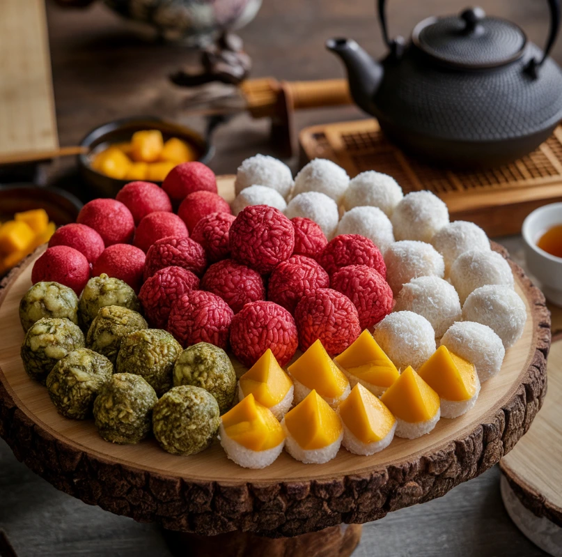 Creative variations of red bean rice balls with matcha, coconut, and mango options on a wooden tray