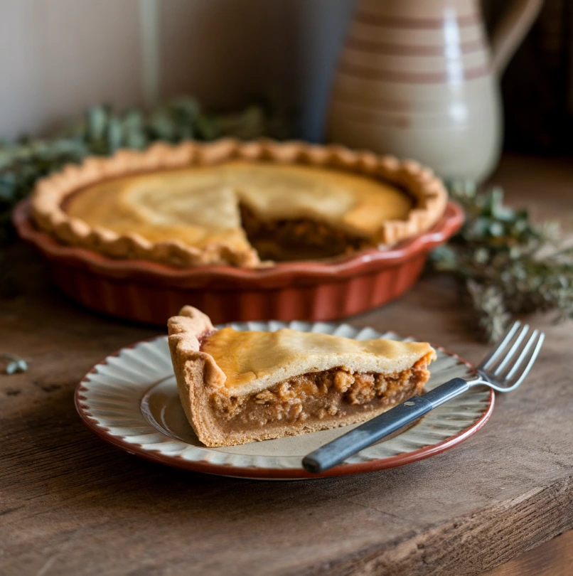 Slice of terracotta pie served in a rustic farmhouse setting