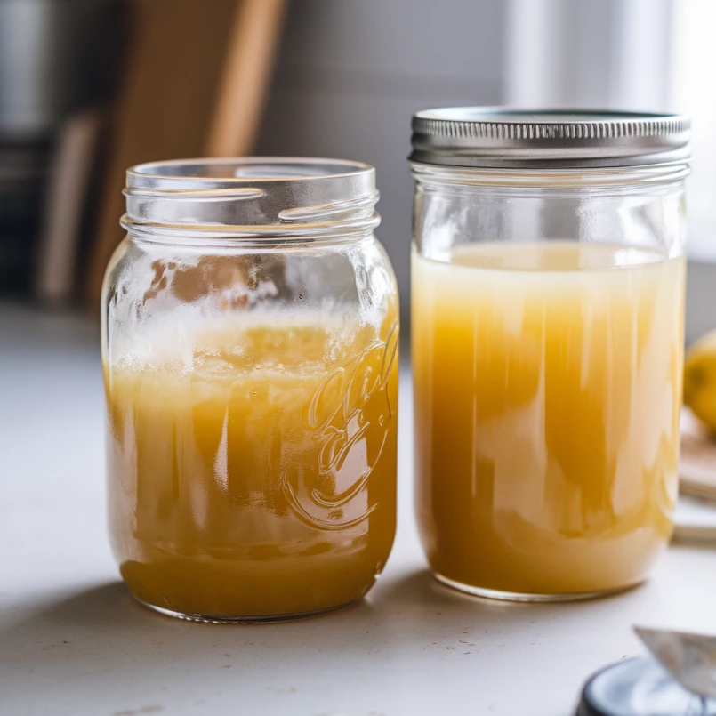 A comparison of fresh and spoiled lemon juice in jars.