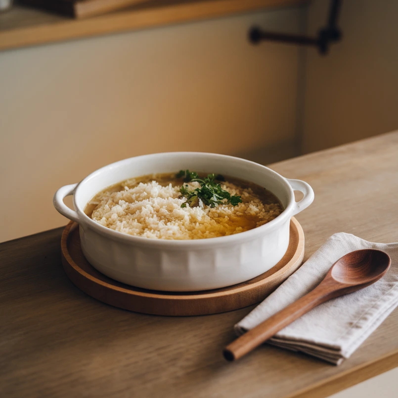 A bowl of soft jasmine rice paired with a broth in a white ceramic dish.