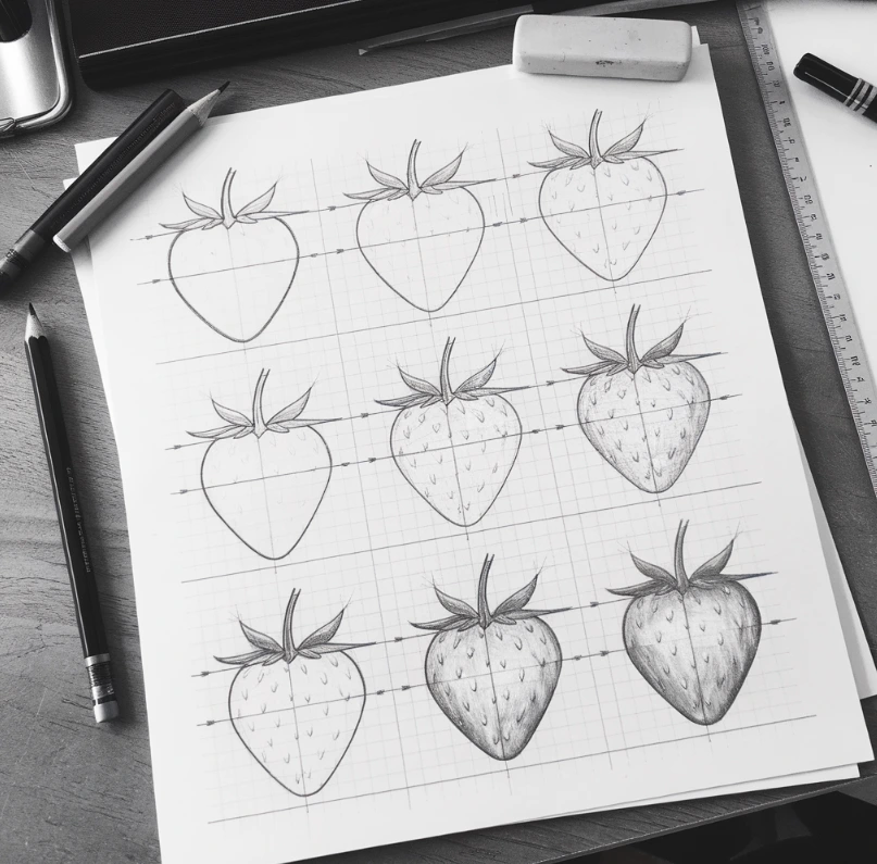 A step-by-step sketch of a strawberry on a grid paper, showing each stage from outline to detail.