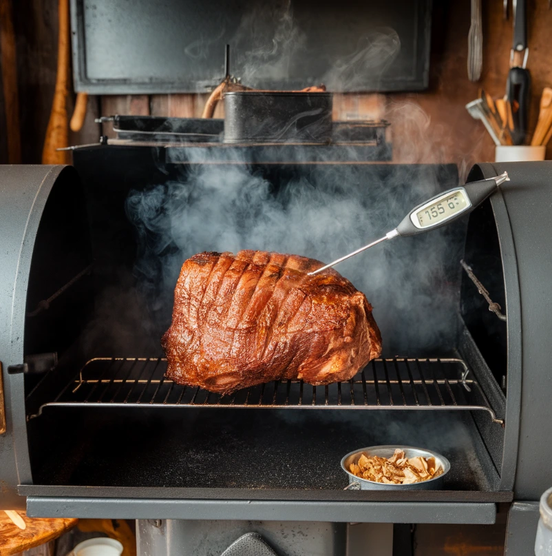 Chuck roast smoking in a grill with a meat thermometer inserted.