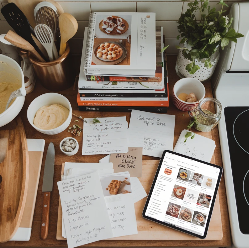 Recipe inspirations on a kitchen counter with cookbooks and utensils.