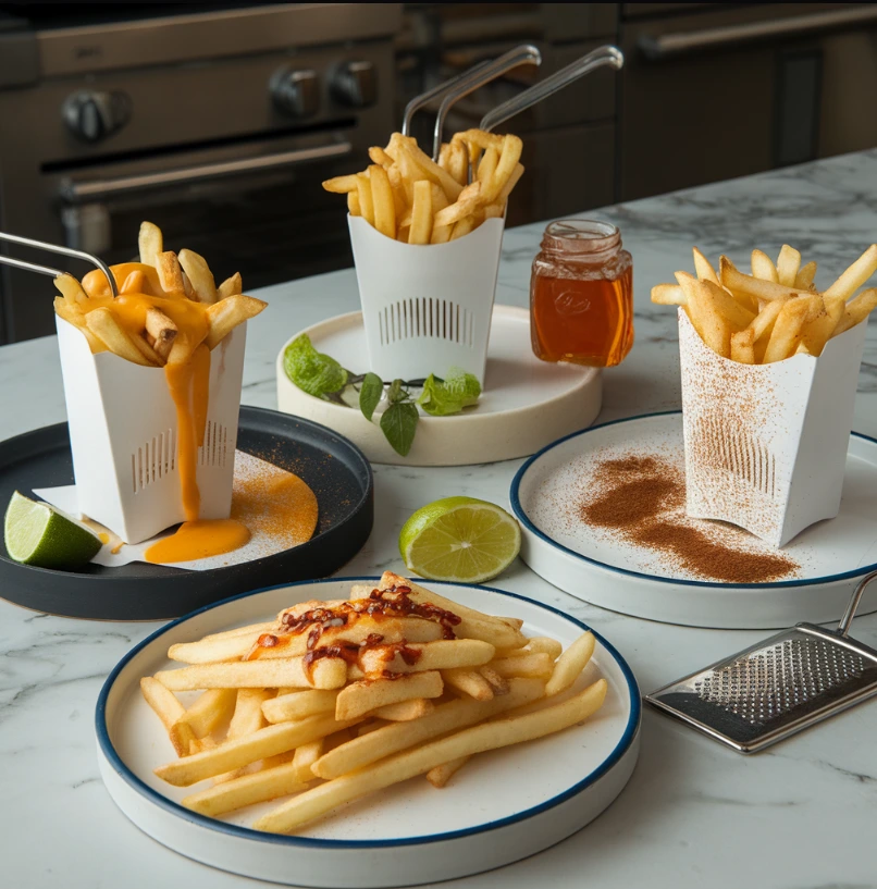 Creative variations of hot fries with nacho cheese, lime, and sweet chili seasoning in a modern kitchen.