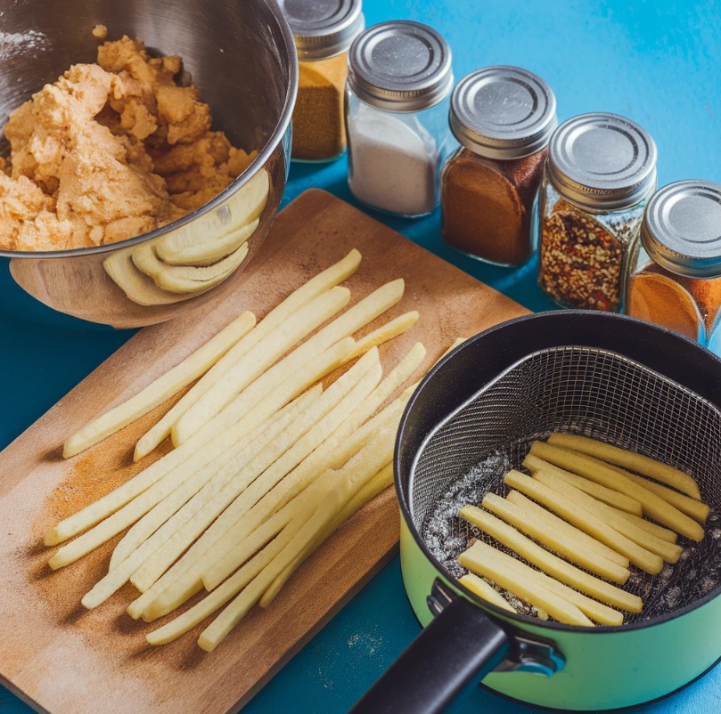 Making homemade hot fries with dough, sliced fries, and spices in a modern kitchen.