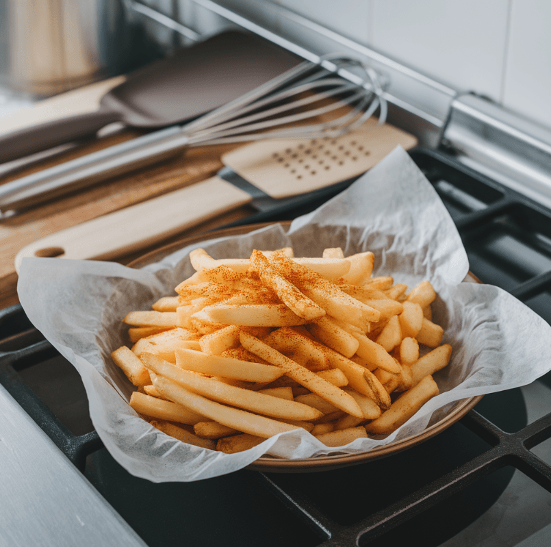 Homemade hot fries served on a plate with paprika garnish, ensuring nut allergy safety.