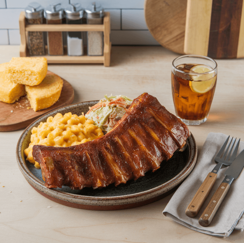 A ceramic plate featuring dino ribs, beef back ribs, mac and cheese, coleslaw, and cornbread.