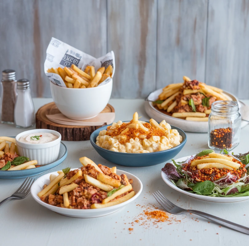 Hot fries featured with mac and cheese, salad, and a side of ranch dip on a wooden table.