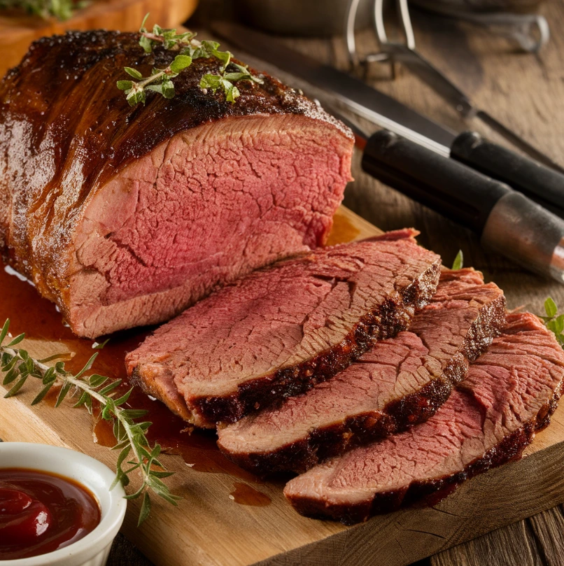 Sliced smoked chuck roast served on a wooden board with fresh herbs and BBQ sauce.