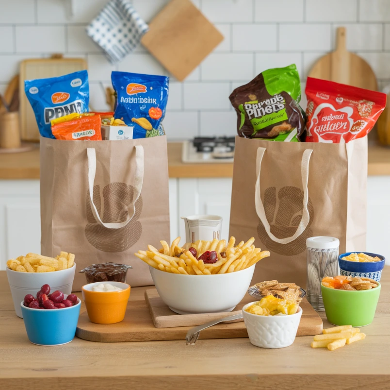 A family-style snack spread featuring hot fries as a budget-friendly option.