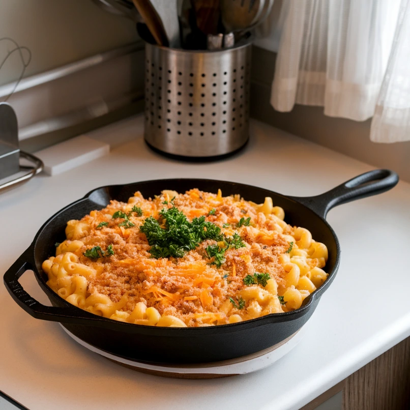 Freshly cooked 3-cheese mac and cheese in a cast iron skillet, garnished with parsley, on a clean modern kitchen countertop.