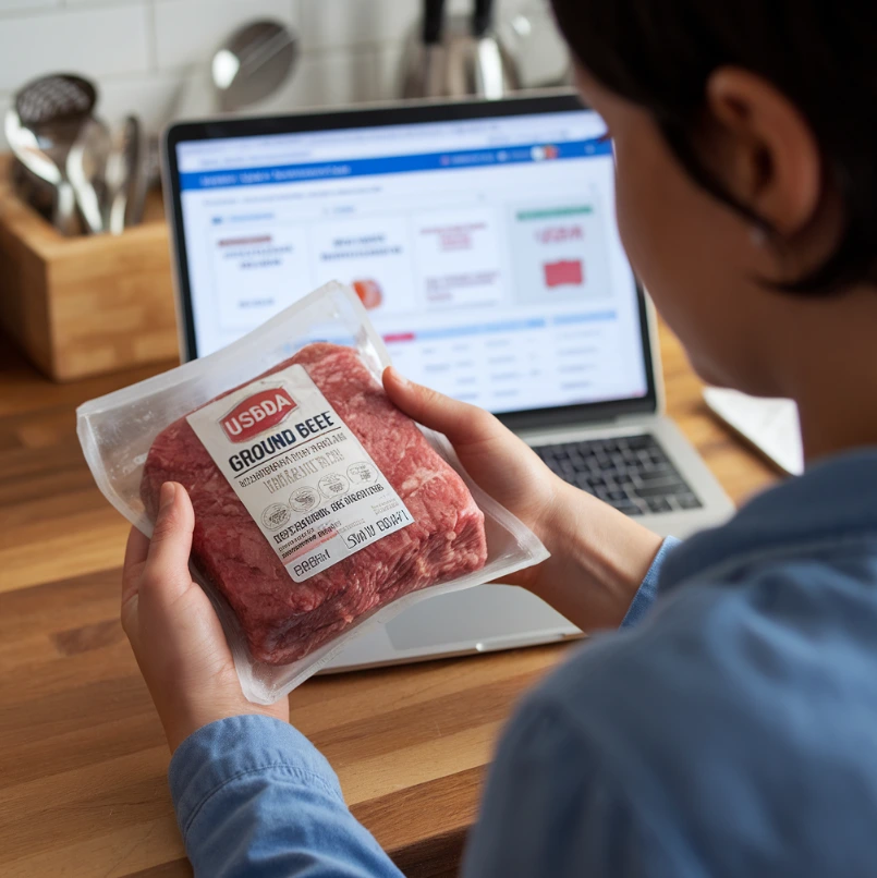 A person inspecting a ground beef package with a laptop showing the USDA recall website