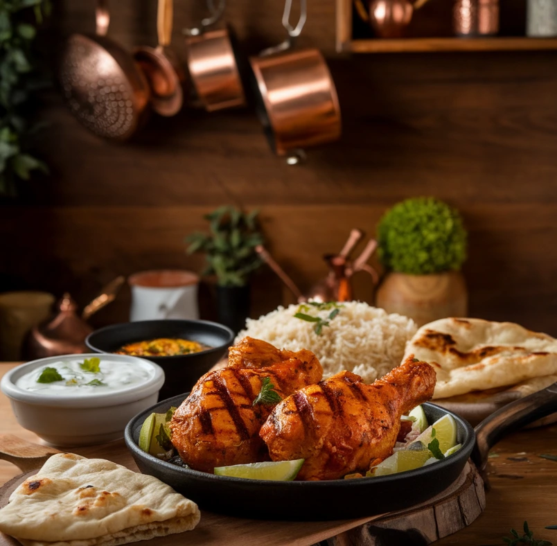 Grilled butter chicken served with rice, naan, and cucumber raita on a wooden table