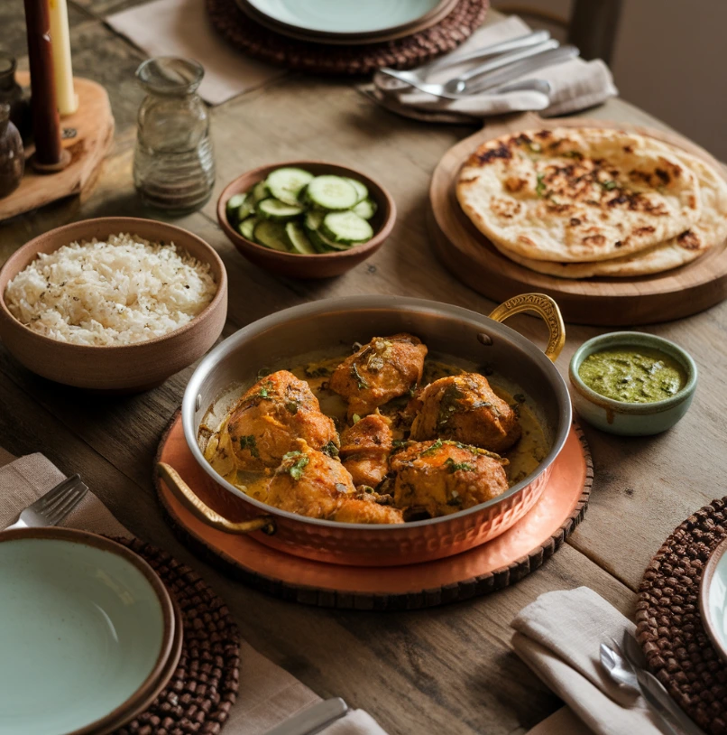 Butter chicken with rice, naan, and cucumber salad served on a rustic table.