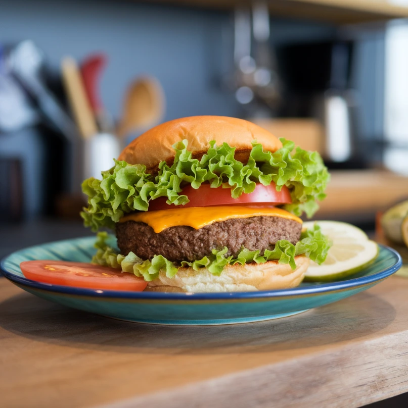 Plant-based burger with lettuce and tomato on a plate in a modern kitchen setting.