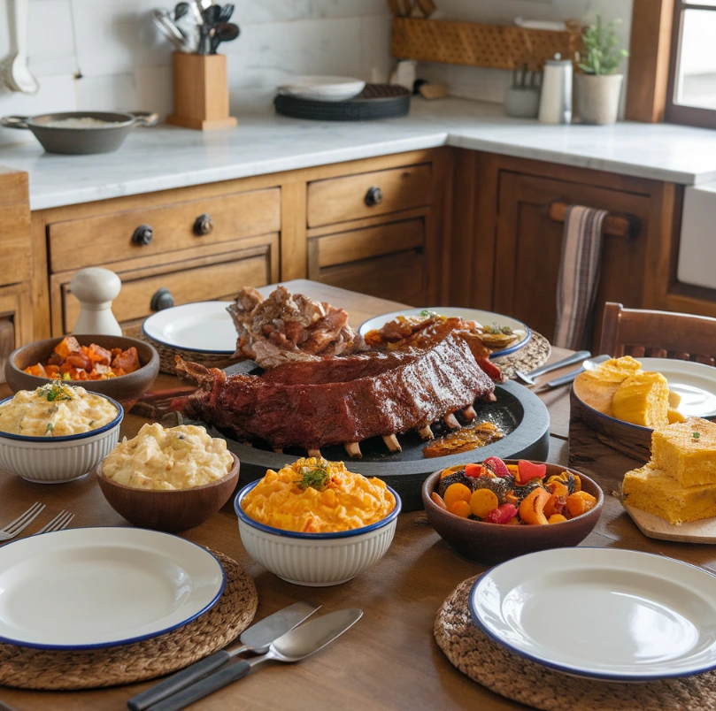 Dinner table with beef back ribs and classic side dishes like mac and cheese, potato salad, and cornbread.