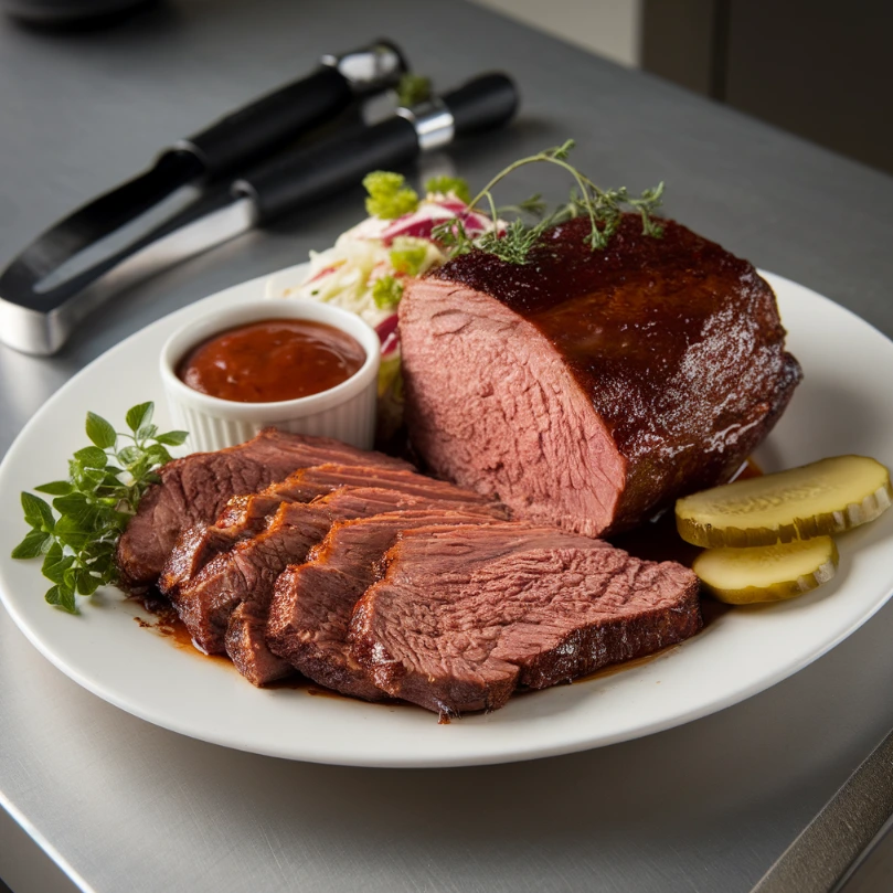 Sliced smoked chuck roast served with coleslaw and BBQ sauce.