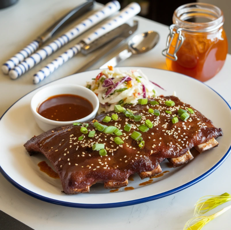 Sweet and spicy baby back ribs served with coleslaw and barbecue sauce.