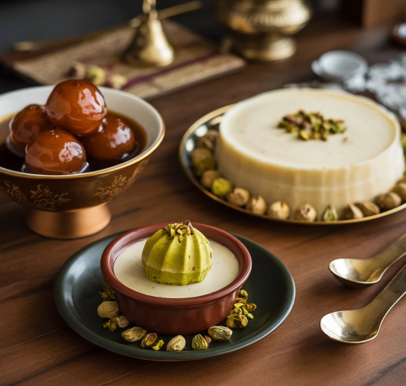 Indian desserts including gulab jamun, kheer, and pistachio kulfi on a wooden countertop