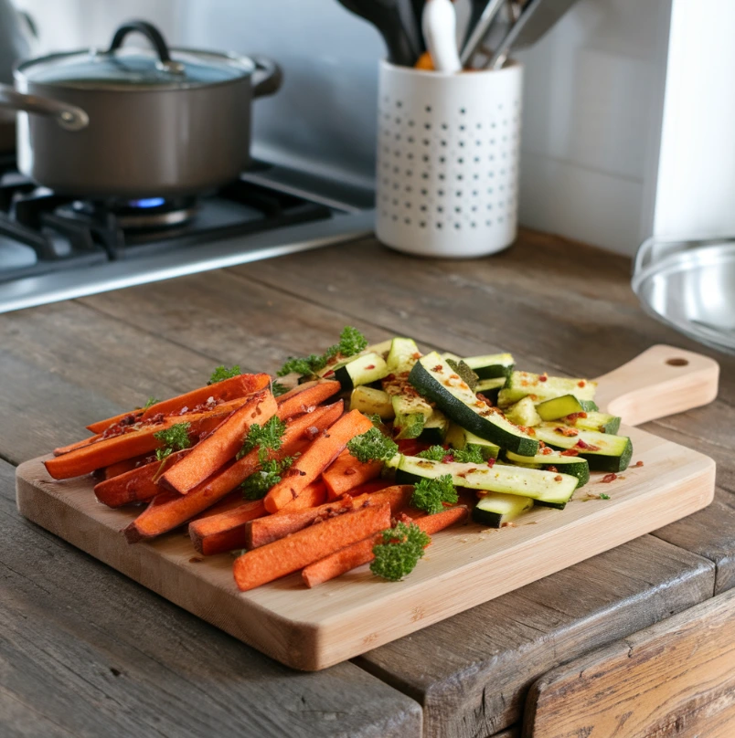 Baked sweet potato fries and zucchini sticks garnished with chili flakes and parsley in a modern kitchen.