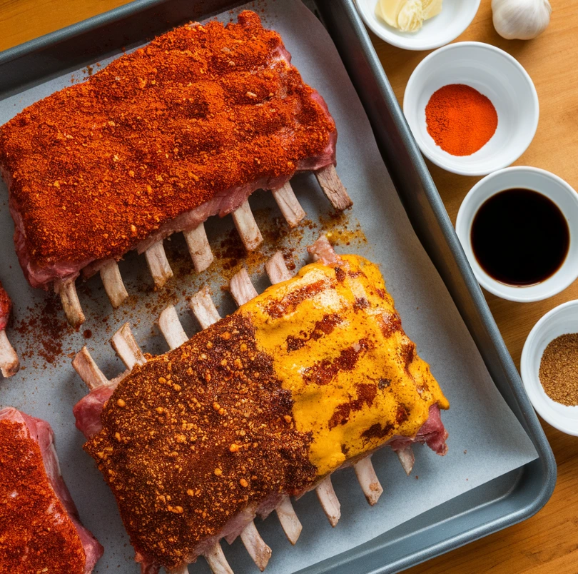 A vibrant kitchen scene featuring seasoned beef back ribs on a baking tray. Half the ribs are coated with a spicy Cajun rub, and the other half with a soy-ginger marinade. Small bowls of spices and marinade ingredients (paprika, garlic, soy sauce) are neatly arranged around the tray.