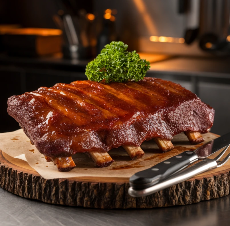 Fully cooked beef back ribs with barbecue glaze, served on a wooden board.