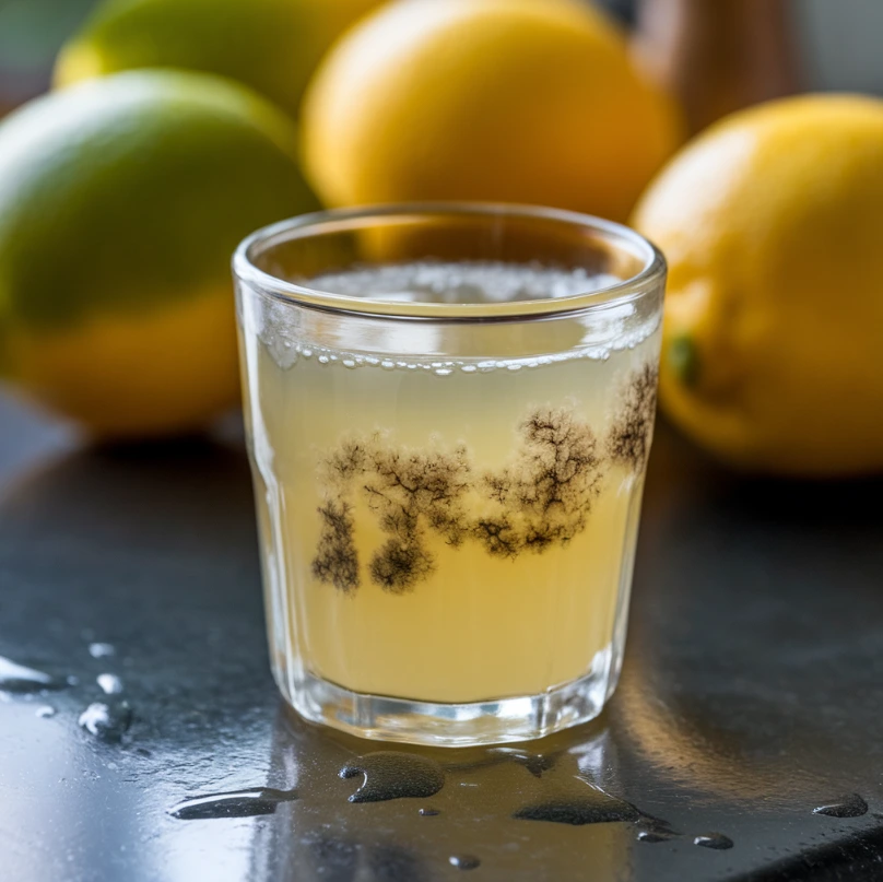 Spoiled lemon juice in a glass with visible mold