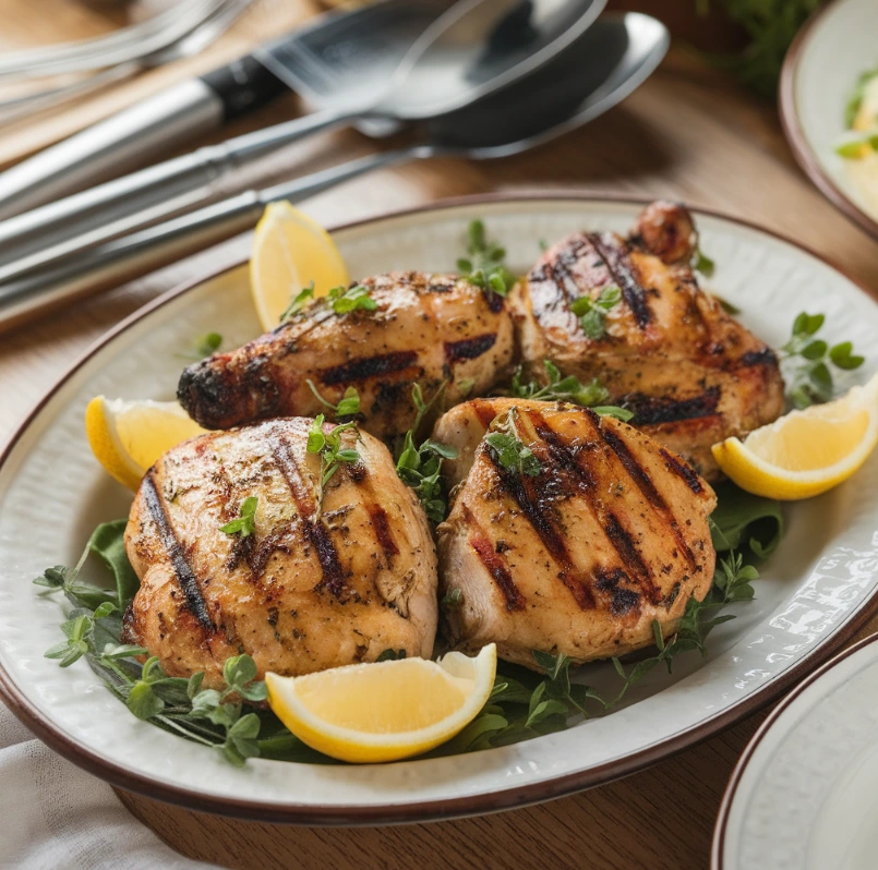 Grilled chicken with lemon garnish in a kitchen.