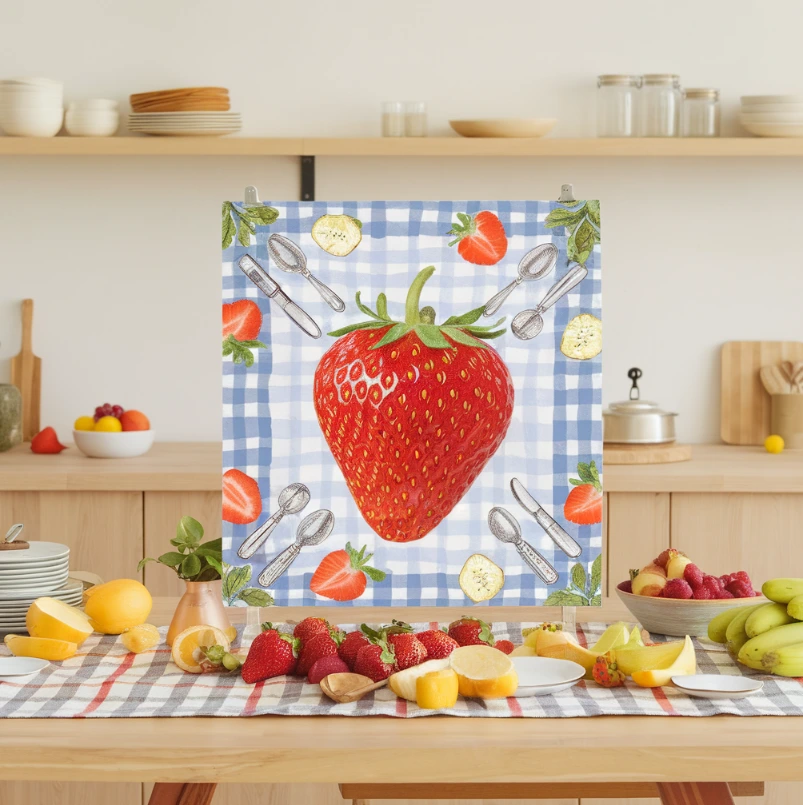 Strawberry drawing with a picnic-themed background on a wooden table