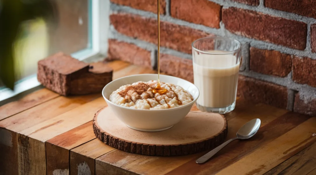 A bowl of creamy rice pudding with cinnamon and honey, served with almond milk in a modern kitchen.