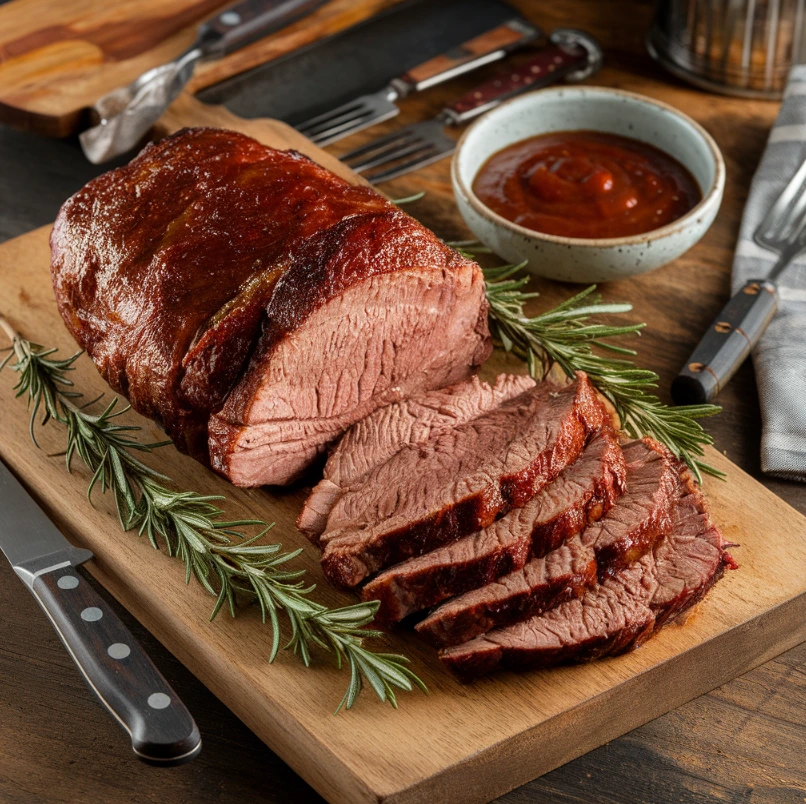 Sliced smoked chuck roast on a wooden board with barbecue sauce.