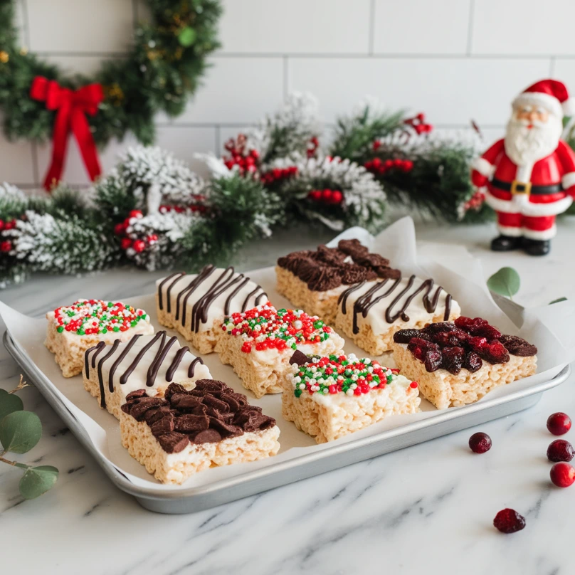 A tray of Rice Krispies Treats with chocolate drizzle, sprinkles, and dried cranberries.