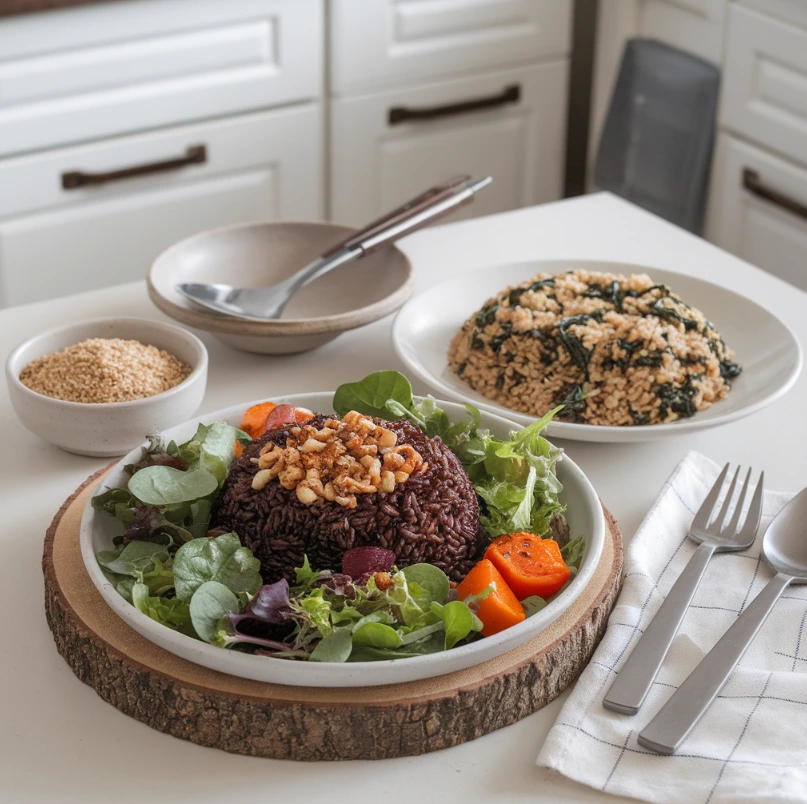 Healthy rice alternatives with black rice salad, roasted vegetables, and quinoa.