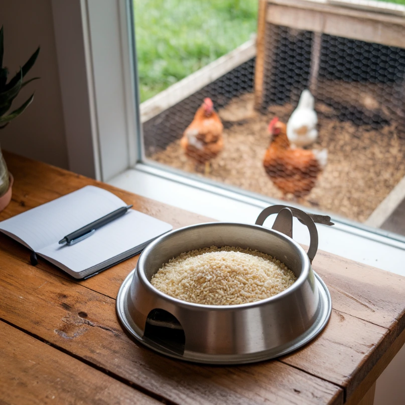 Rice in a chicken feeder with a notebook and pen beside it, chickens visible in the background.