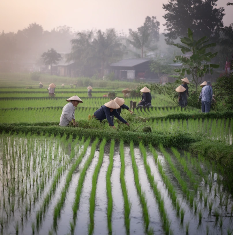 Rice paddies in southern China with farmers in traditional attire