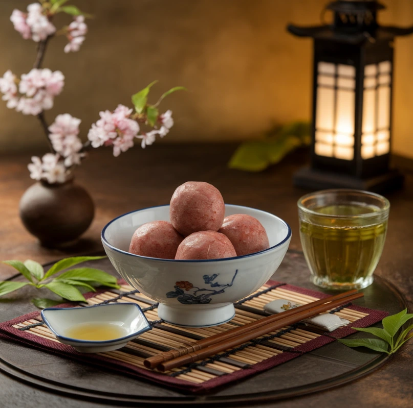 Red bean rice balls served in a white bowl with green tea, surrounded by festive Asian decor